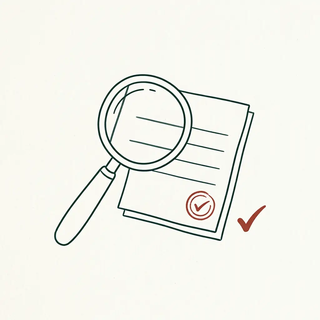 A magnifying glass over a contractor license record with a stamped mark of approval — how Coastal SD Pros verifies every listed plumber against the public CSLB records