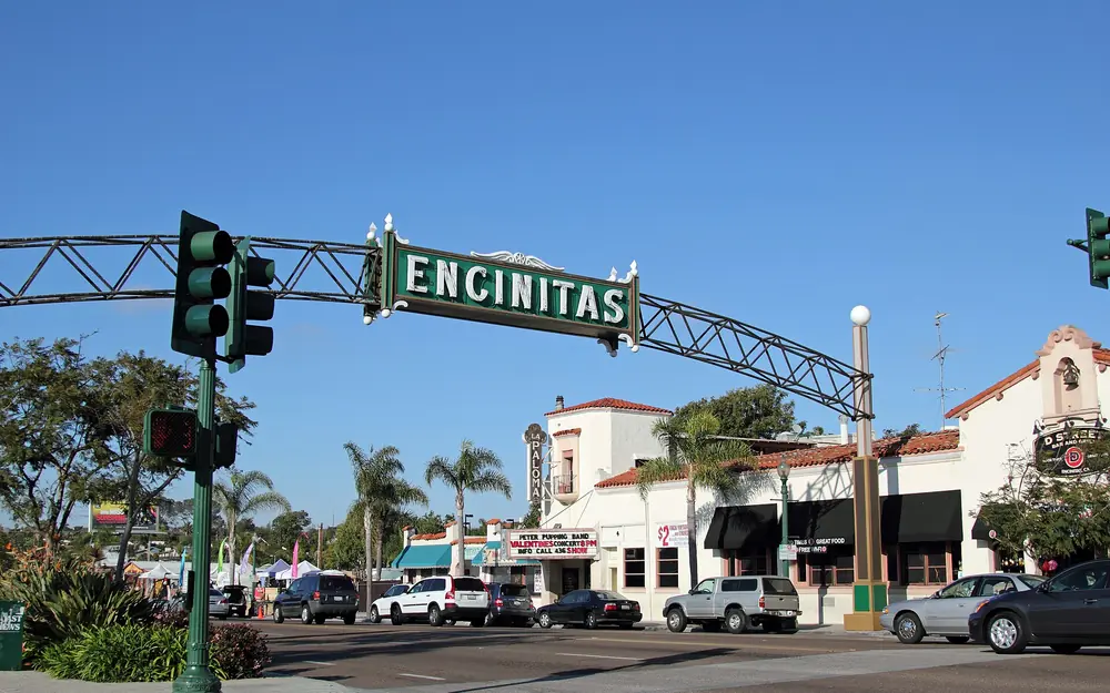 The Encinitas arch sign over the Coast Highway beside La Paloma Theatre