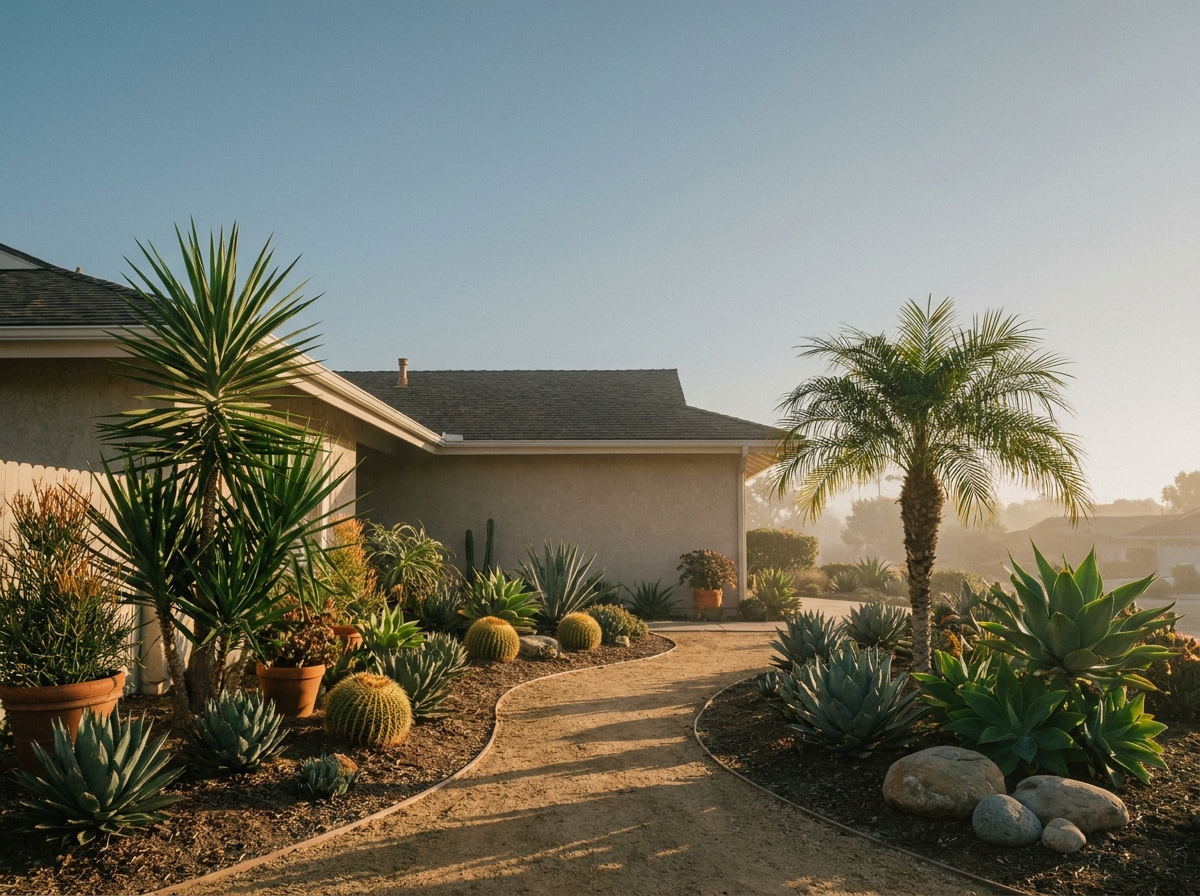 A freshly installed drought-tolerant landscape design in a Carlsbad front yard — succulents, yucca, decomposed granite path, a single small palm in late afternoon coastal light.