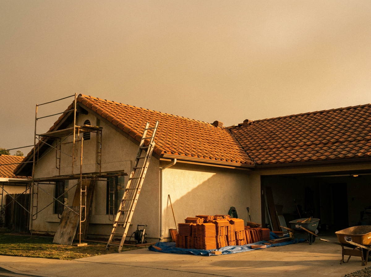 A Spanish-tile roof in Carlsbad mid-replacement — clay tiles staged on a tarp in the driveway, scaffolding climbing the gable, golden hour Pacific haze.