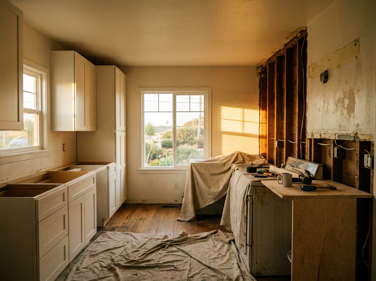 A kitchen mid-remodel in an Encinitas beachside bungalow — new cabinetry in warm white, exposed studs ready for backsplash, late afternoon coastal light through the window.