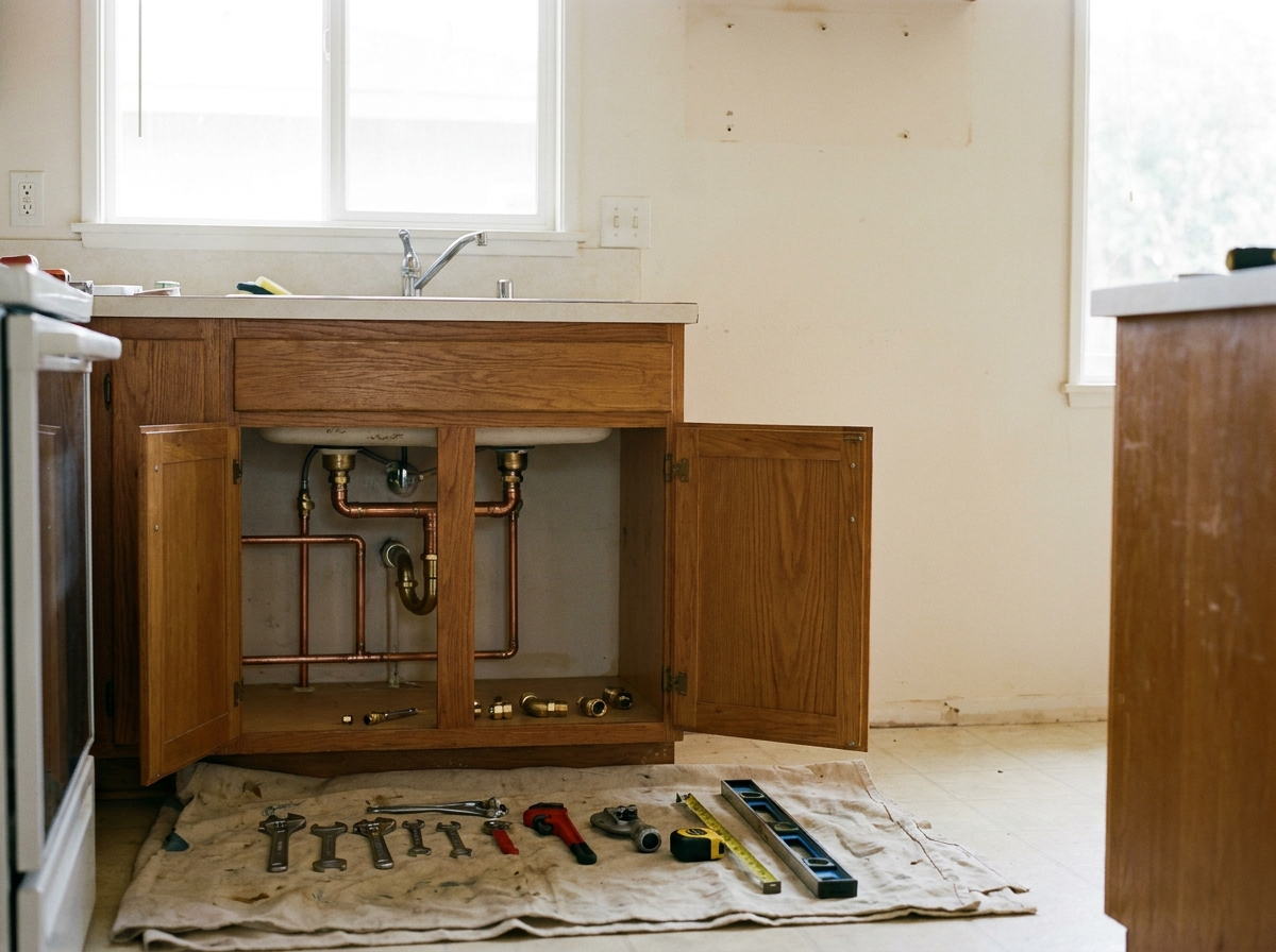 Copper plumbing pipes mid-installation under a sink in an Oceanside home — open cabinet shows new fittings in soft natural light, tools laid carefully on a clean drop cloth.