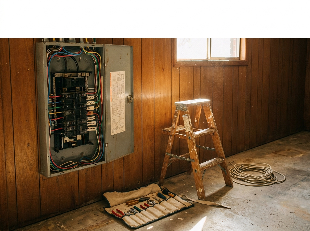An electrical service panel mid-upgrade in a 1960s San Marcos single-story home — neat new wiring inside an opened panel, breakers labeled by hand, soft afternoon light.