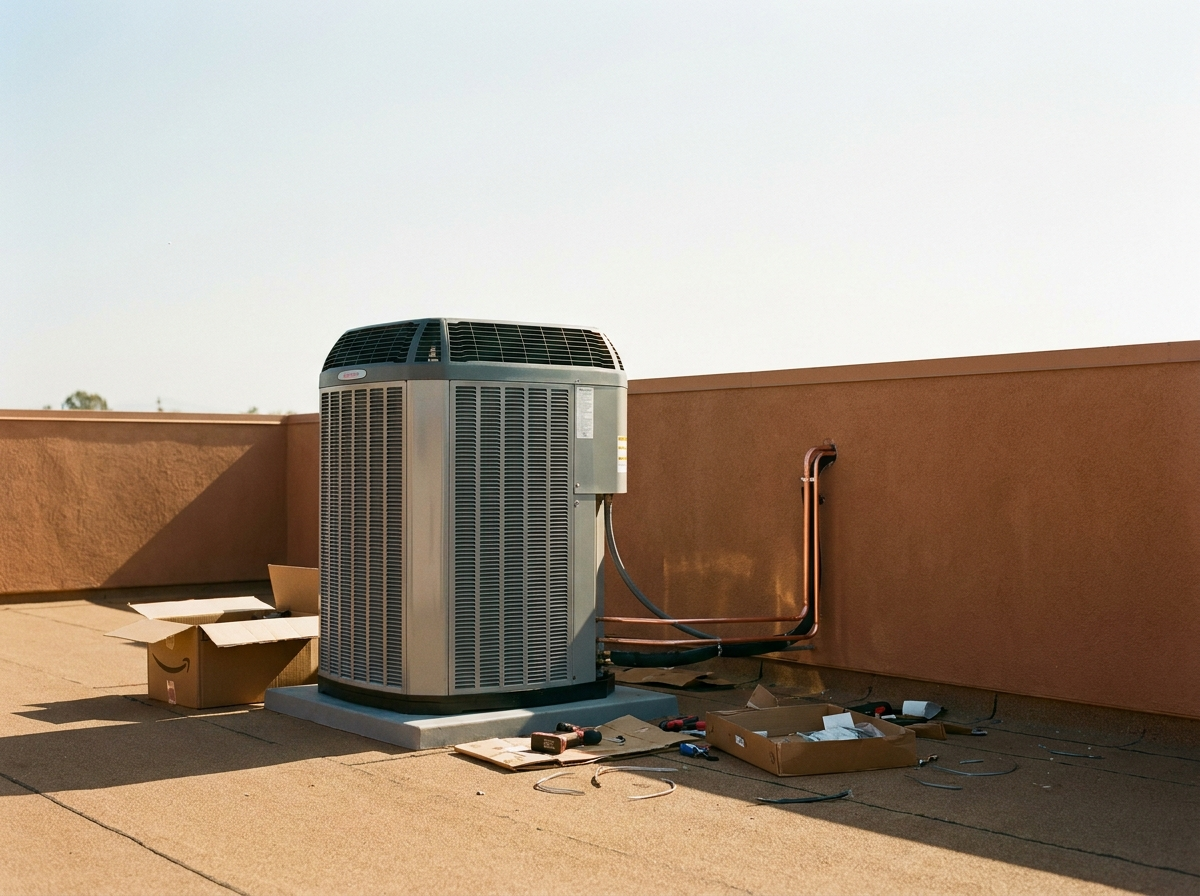 A high-efficiency HVAC condenser unit on a Vista rooftop — clean copper line set running into the wall, late summer afternoon light, brown-tan stucco surroundings.