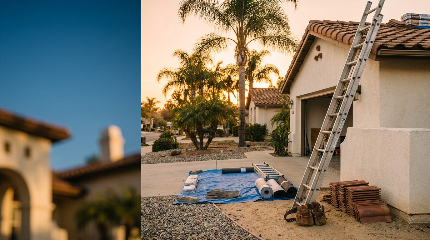 A tall extension ladder leans against the side of a Spanish-tile-roofed coastal home in North County San Diego, golden hour. Roofing materials and a tool belt are staged on a tarp in the driveway. Visual signal: real-home-services work in progress.